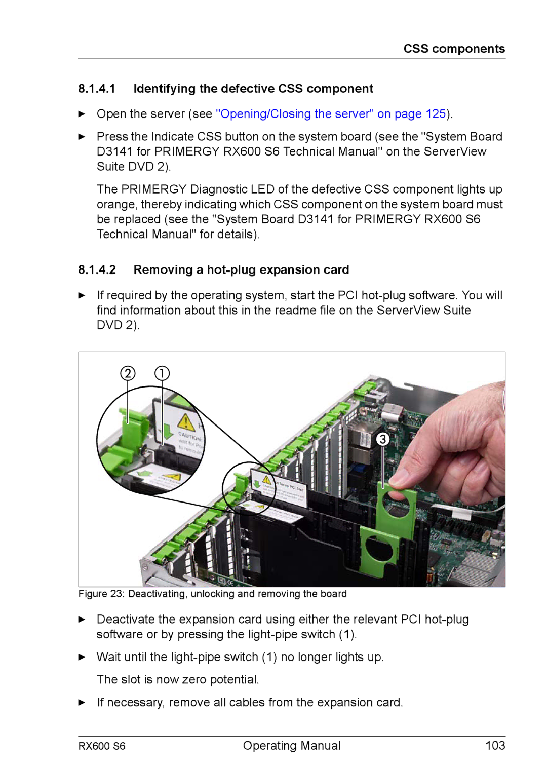 Fujitsu RX600 S6 manual CSS components Identifying the defective CSS component, Removing a hot-plug expansion card 