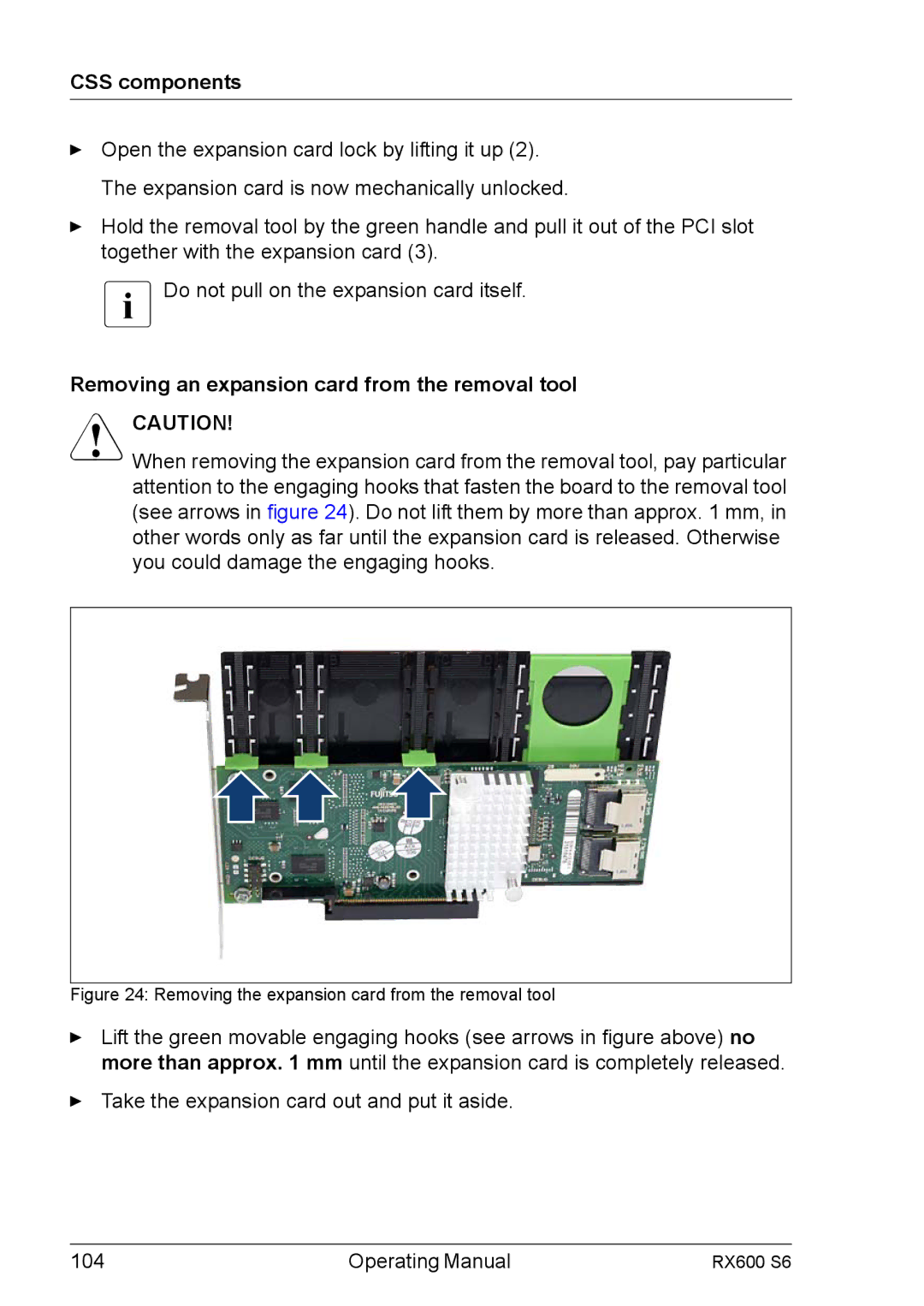 Fujitsu RX600 S6 manual Removing an expansion card from the removal tool, Removing the expansion card from the removal tool 