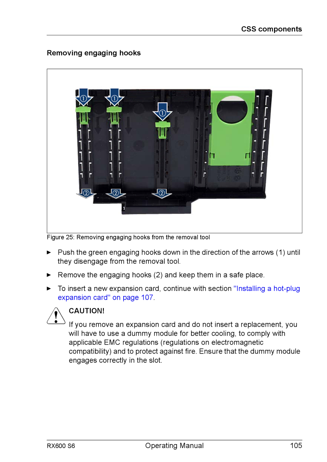Fujitsu RX600 S6 manual CSS components Removing engaging hooks, Removing engaging hooks from the removal tool 