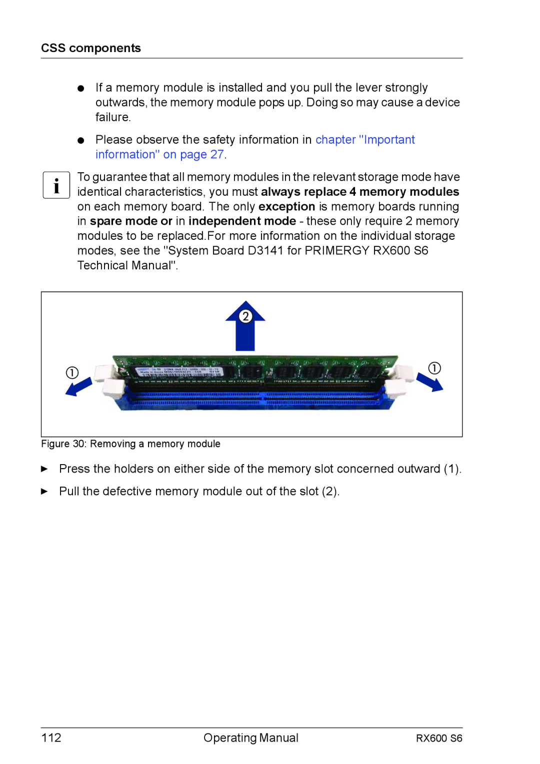 Fujitsu RX600 S6 manual Removing a memory module 