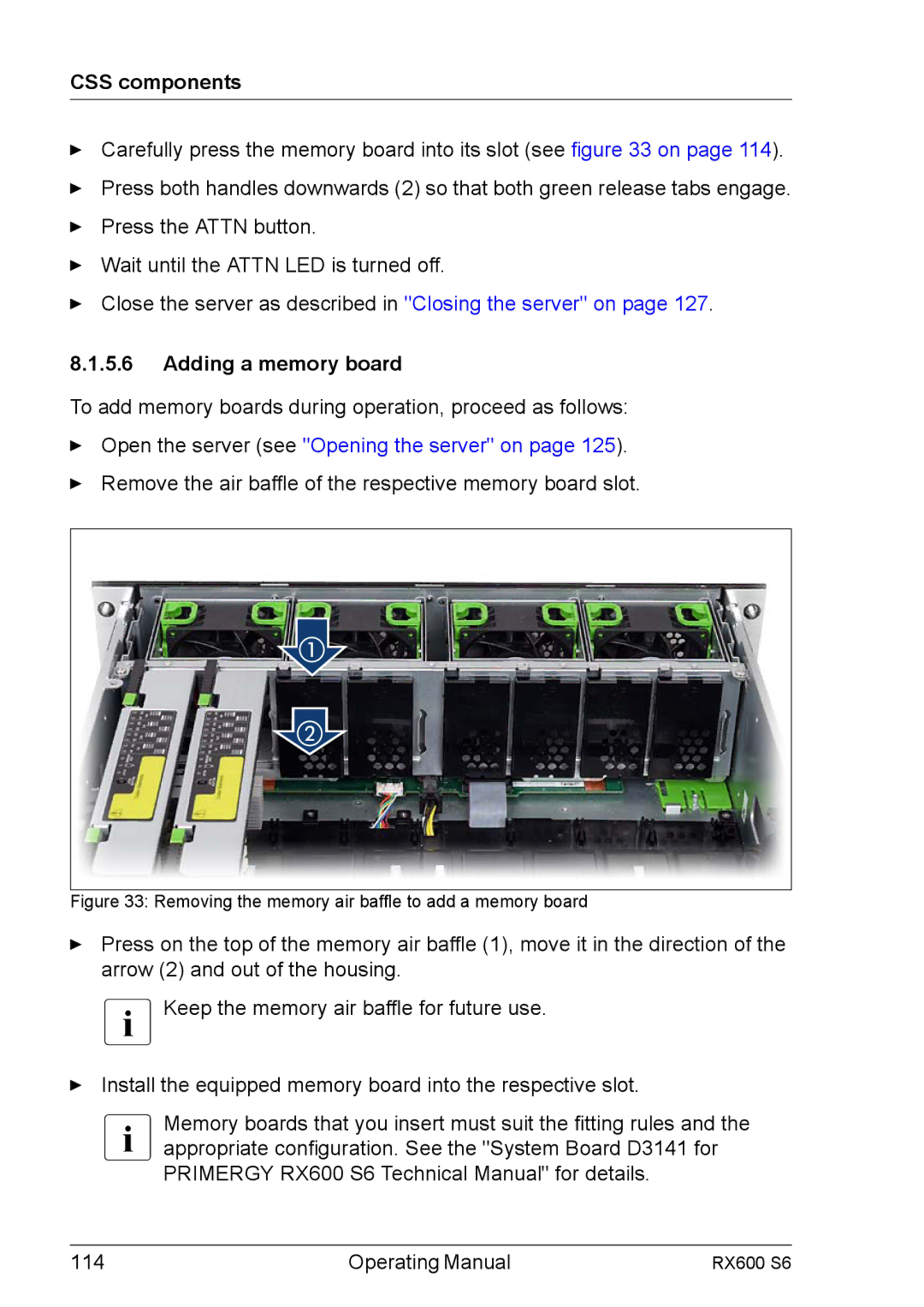 Fujitsu RX600 S6 manual Adding a memory board, Removing the memory air baffle to add a memory board 