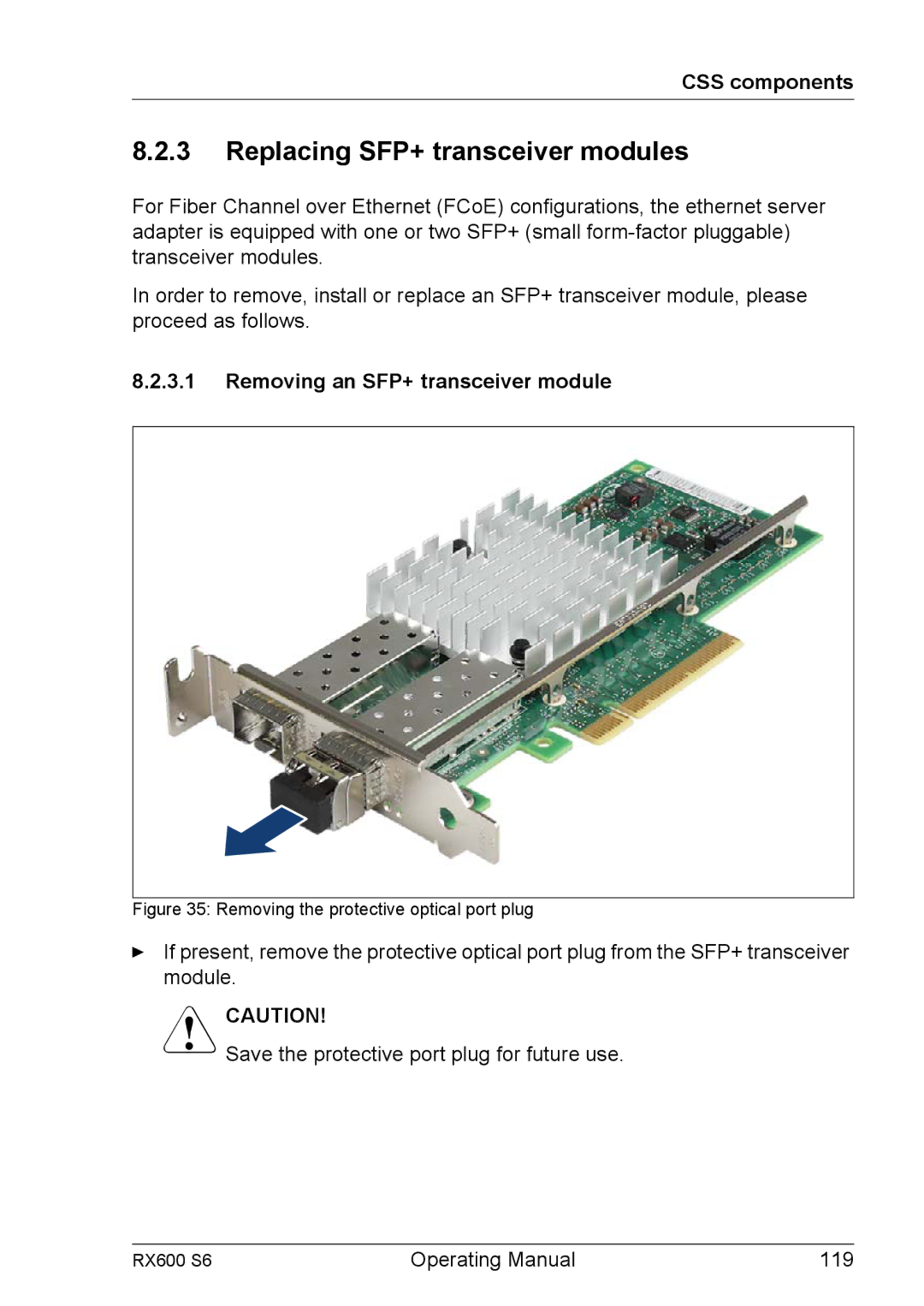 Fujitsu RX600 S6 manual Replacing SFP+ transceiver modules, Removing an SFP+ transceiver module 