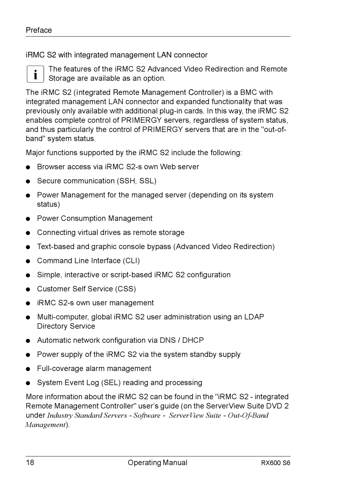 Fujitsu RX600 S6 manual Preface IRMC S2 with integrated management LAN connector 