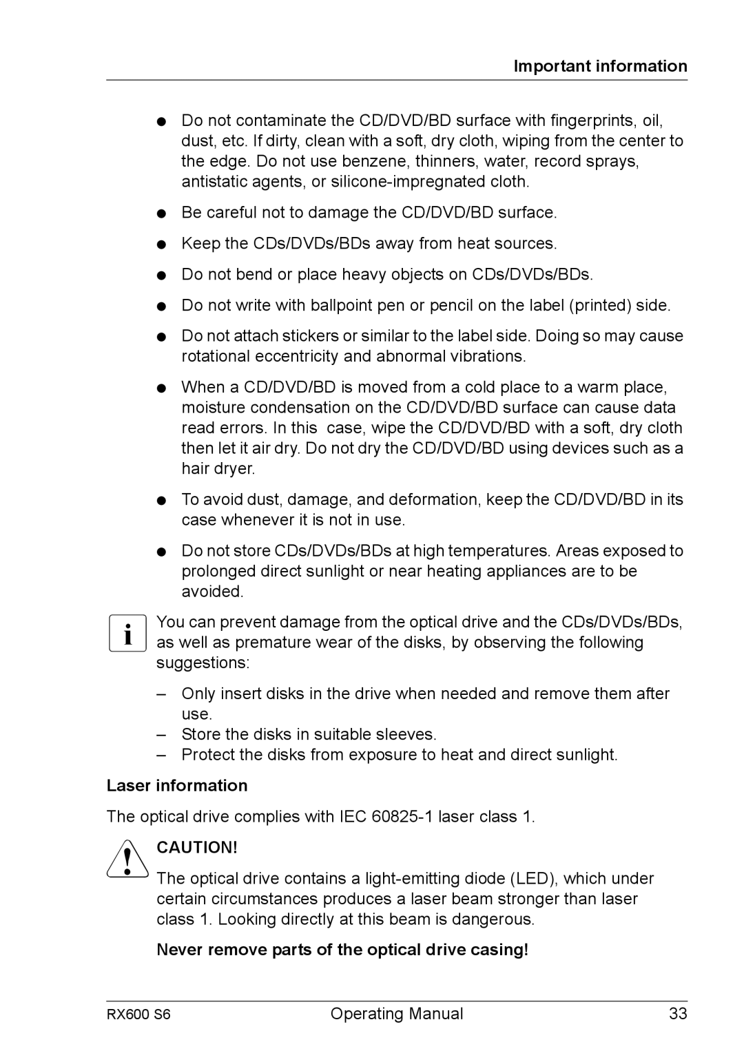 Fujitsu RX600 S6 manual Laser information, Never remove parts of the optical drive casing 