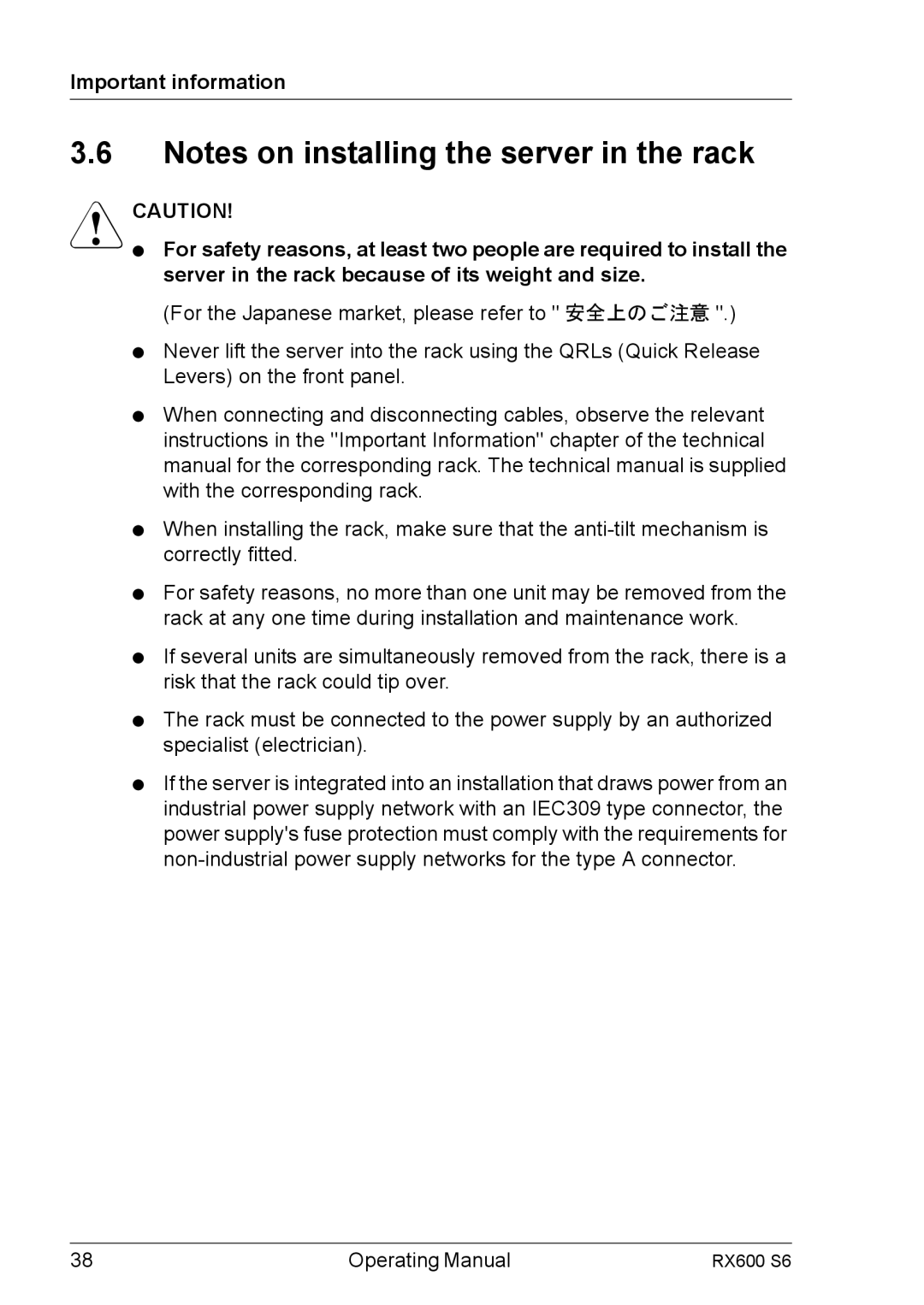 Fujitsu RX600 S6 manual Operating Manual 