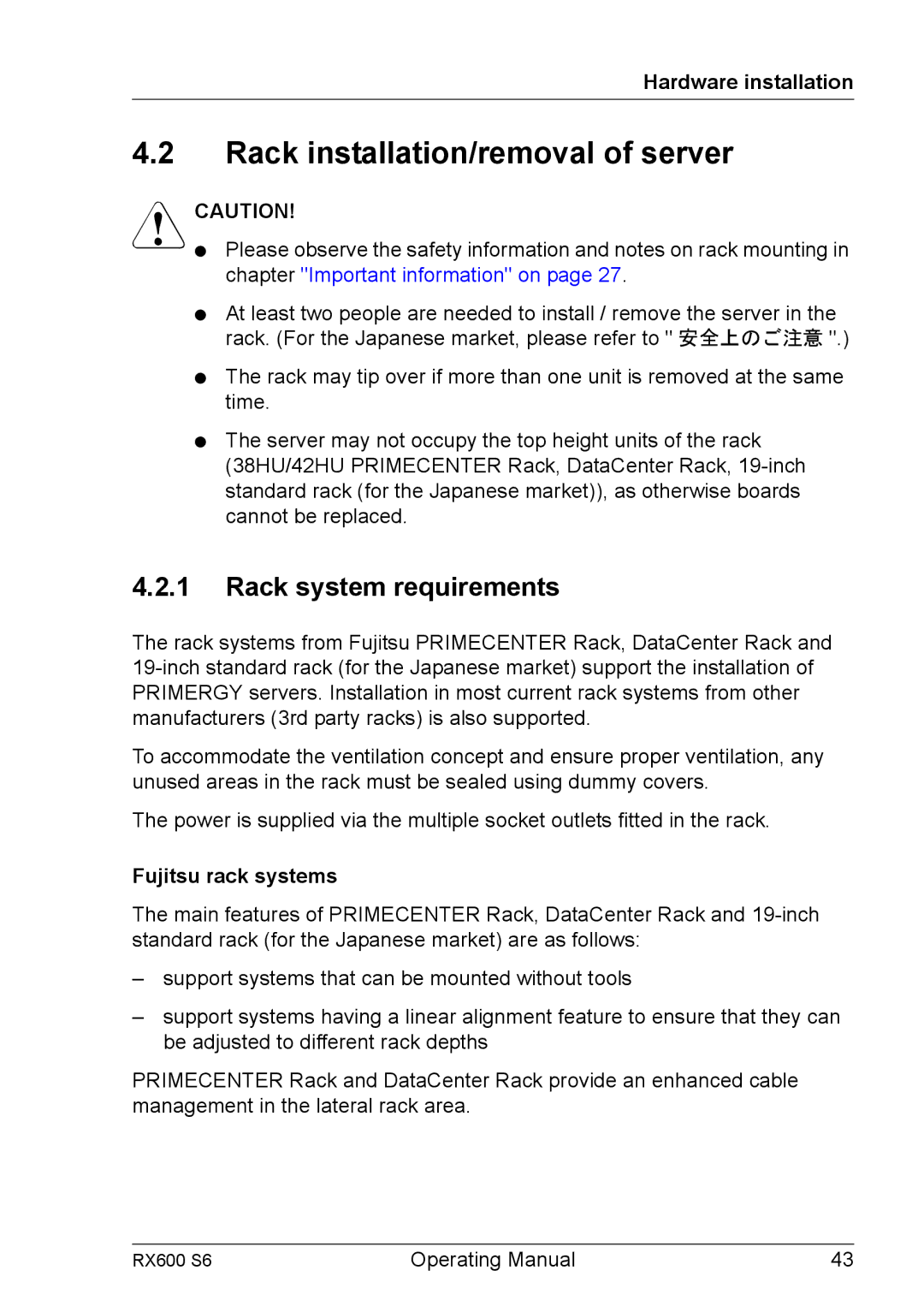 Fujitsu RX600 S6 manual Rack installation/removal of server, Rack system requirements, Fujitsu rack systems 