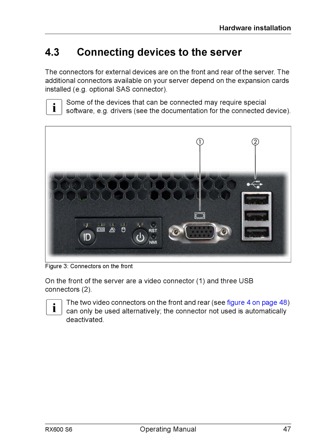 Fujitsu RX600 S6 manual Connecting devices to the server, Connectors on the front 