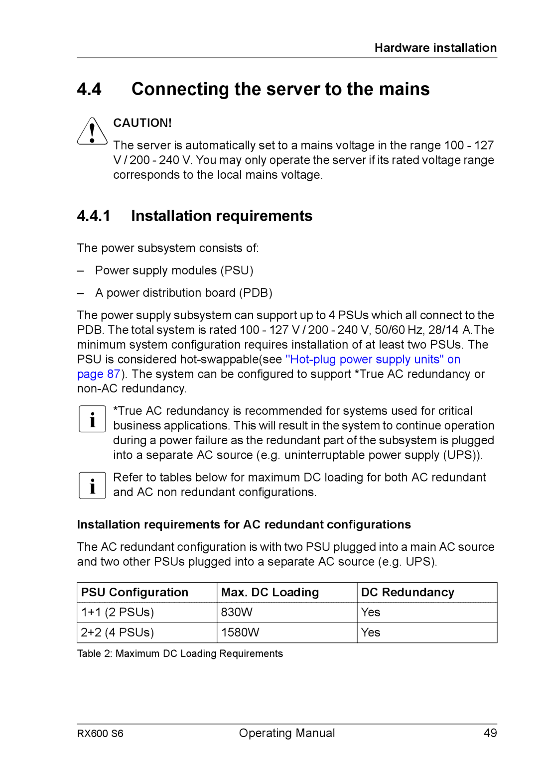 Fujitsu RX600 S6 manual Connecting the server to the mains, Installation requirements 