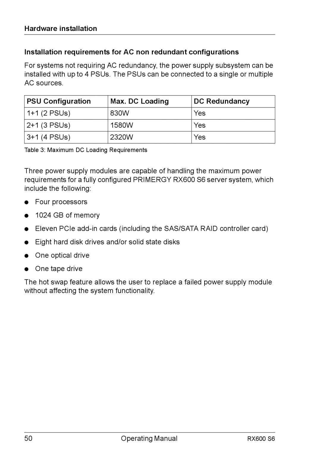 Fujitsu RX600 S6 manual +1 2 PSUs 830W Yes +1 3 PSUs 1580W +1 4 PSUs 2320W 
