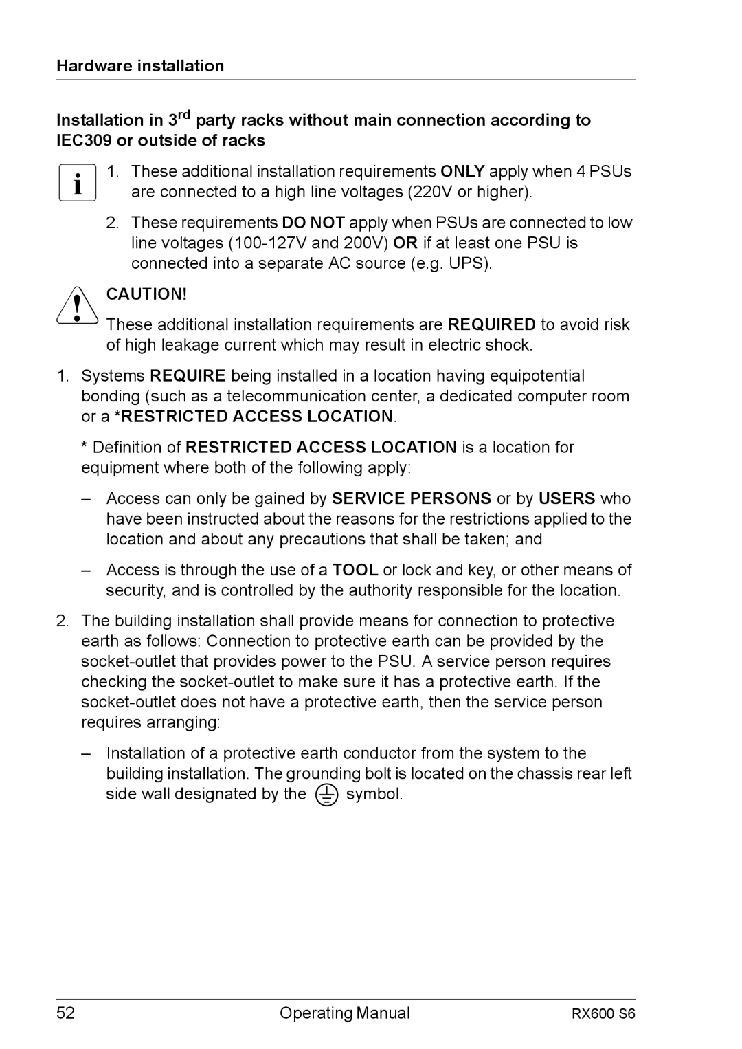 Fujitsu RX600 S6 manual Side wall designated by the symbol Operating Manual 