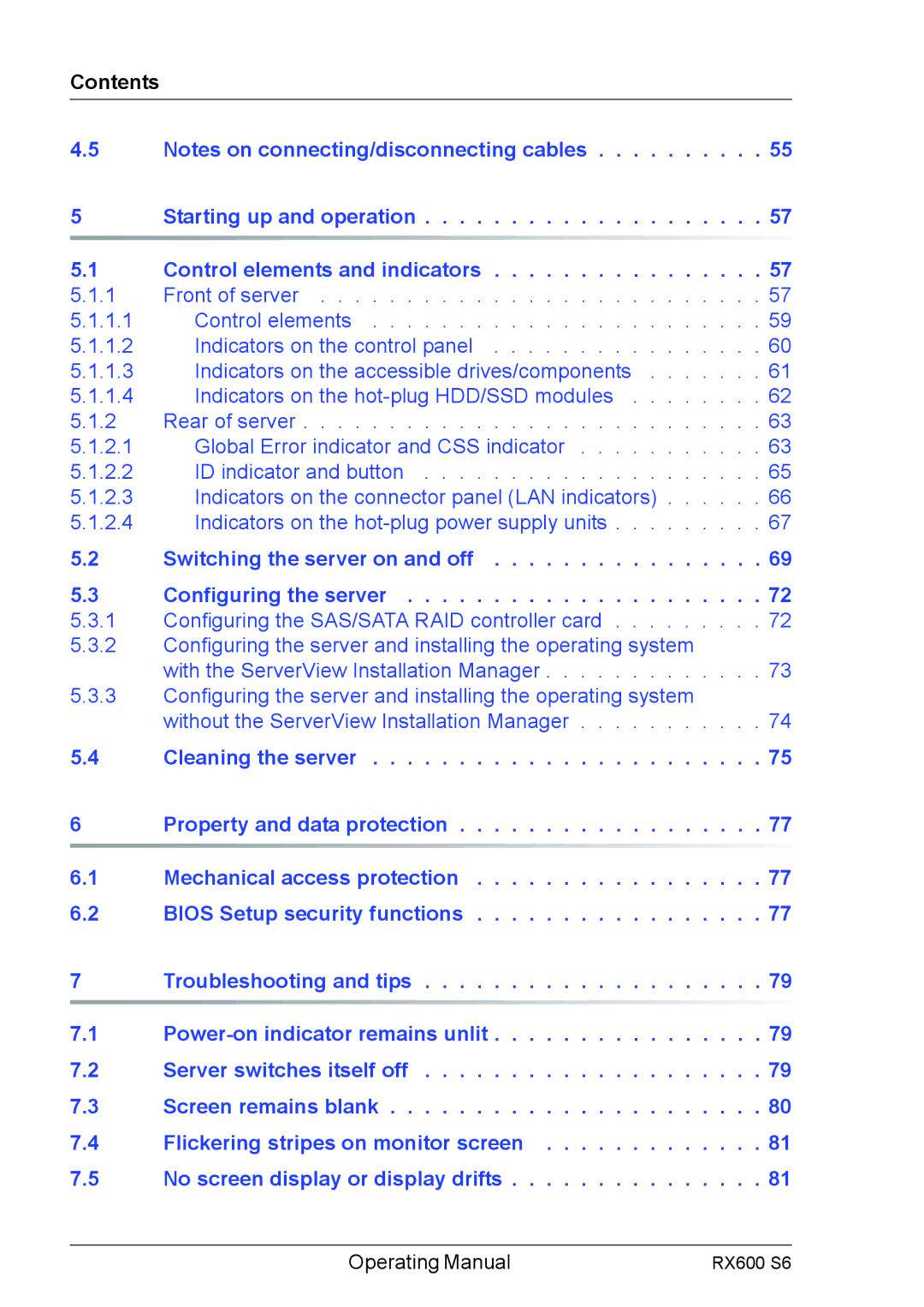 Fujitsu RX600 S6 manual Contents, Control elements and indicators 