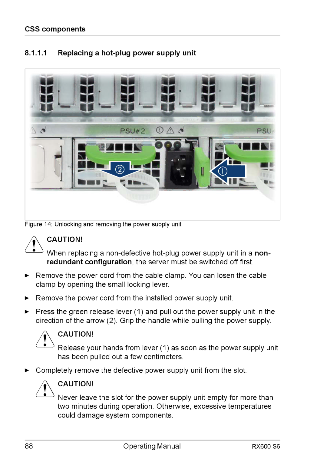 Fujitsu RX600 S6 manual CSS components Replacing a hot-plug power supply unit, Vcaution 