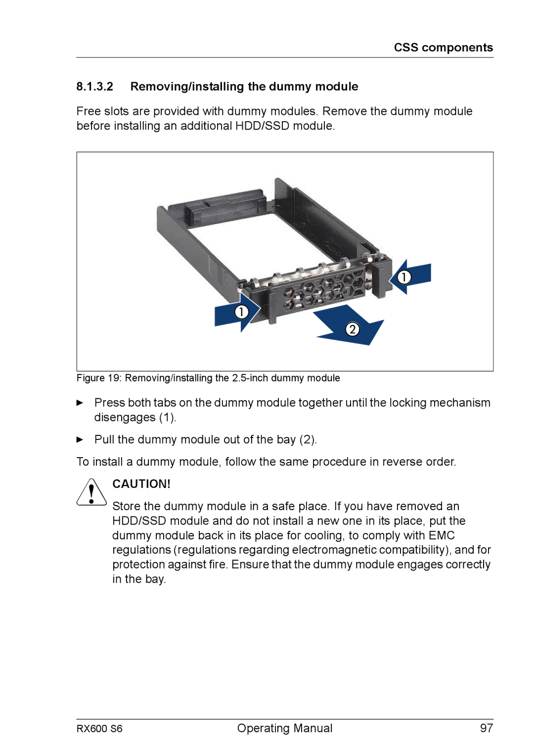 Fujitsu RX600 S6 manual CSS components Removing/installing the dummy module, Removing/installing the 2.5-inch dummy module 