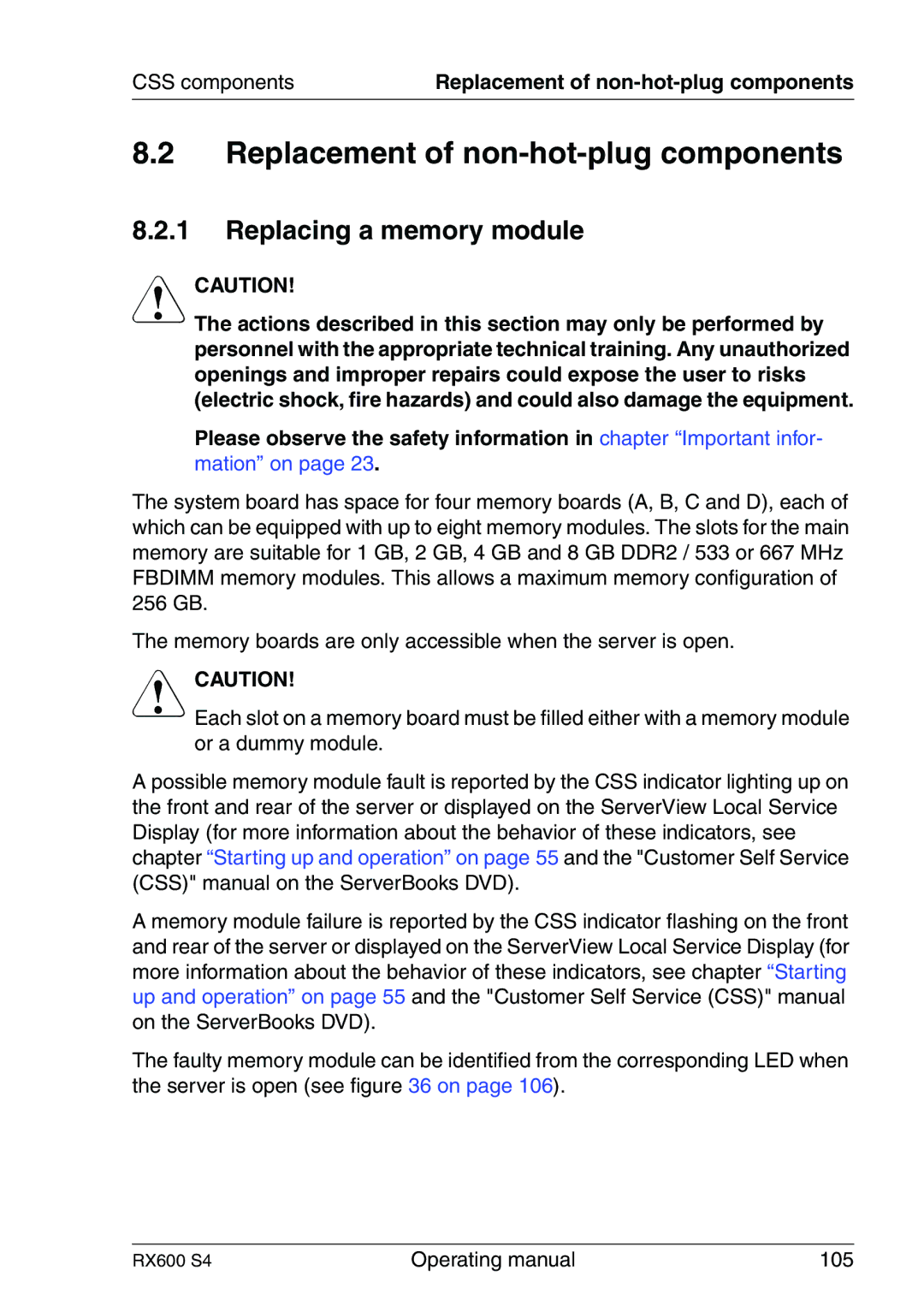 Fujitsu RX600 manual Replacement of non-hot-plug components, Replacing a memory module 