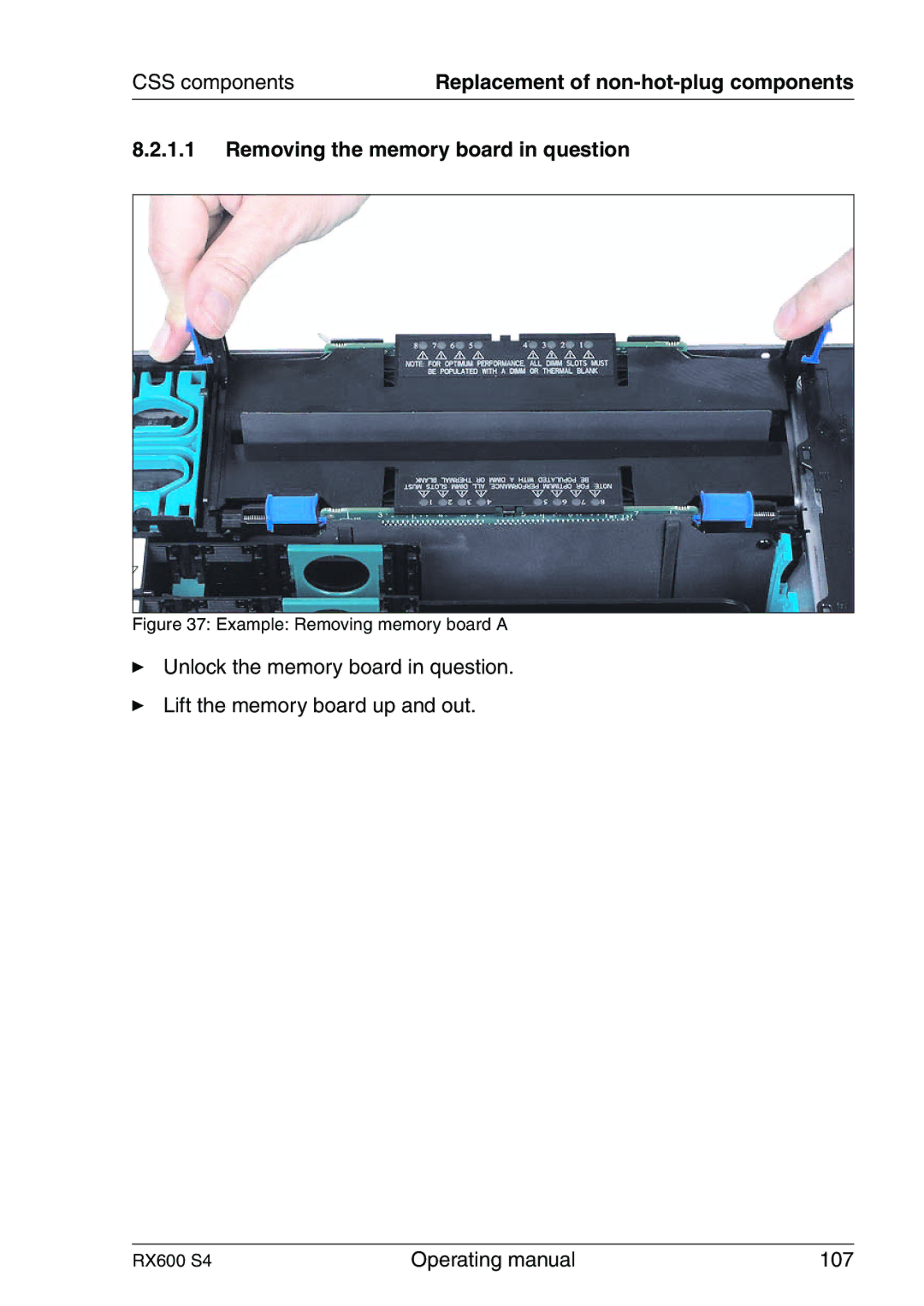 Fujitsu RX600 manual Removing the memory board in question, Example Removing memory board a 