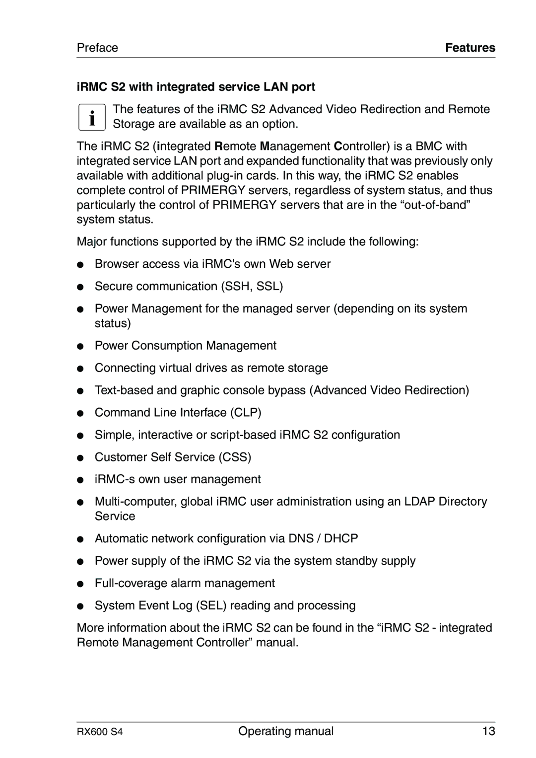 Fujitsu RX600 manual IRMC S2 with integrated service LAN port 