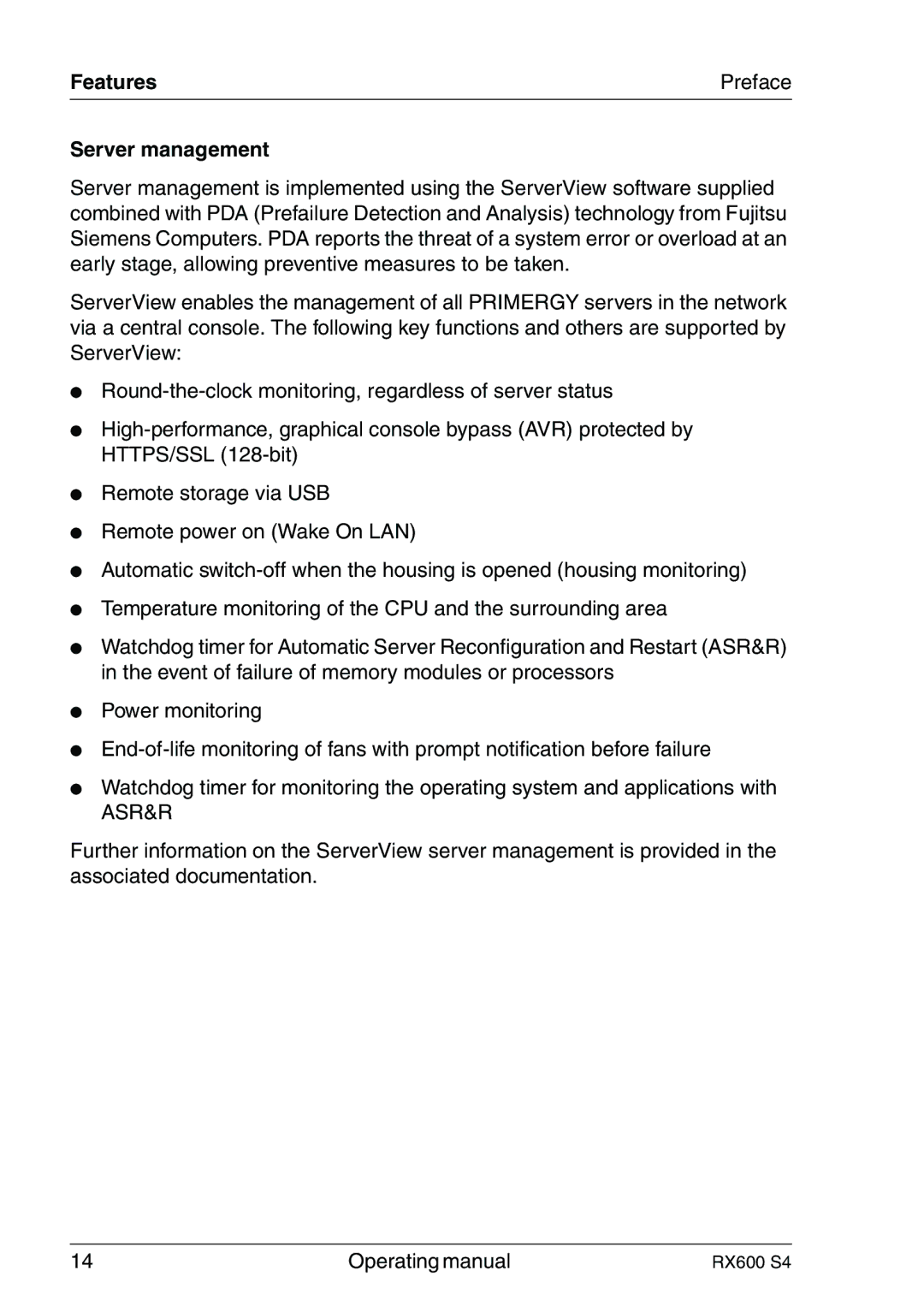 Fujitsu RX600 manual Features Preface Server management 