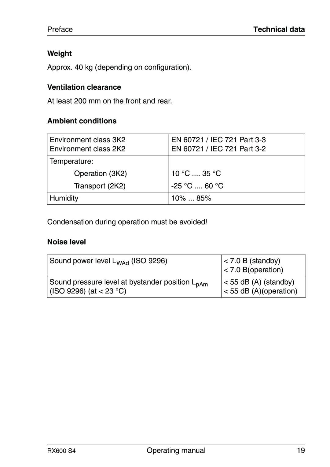 Fujitsu RX600 manual Weight, Ventilation clearance, Ambient conditions, Noise level 