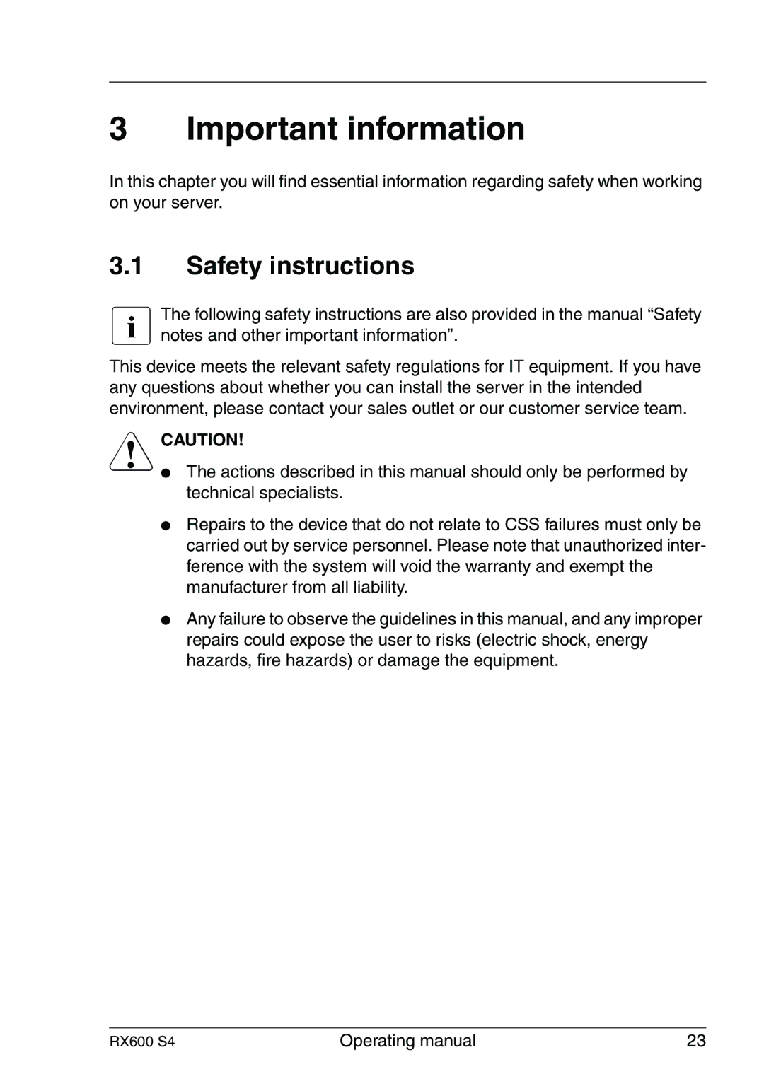 Fujitsu RX600 manual Important information, Safety instructions 