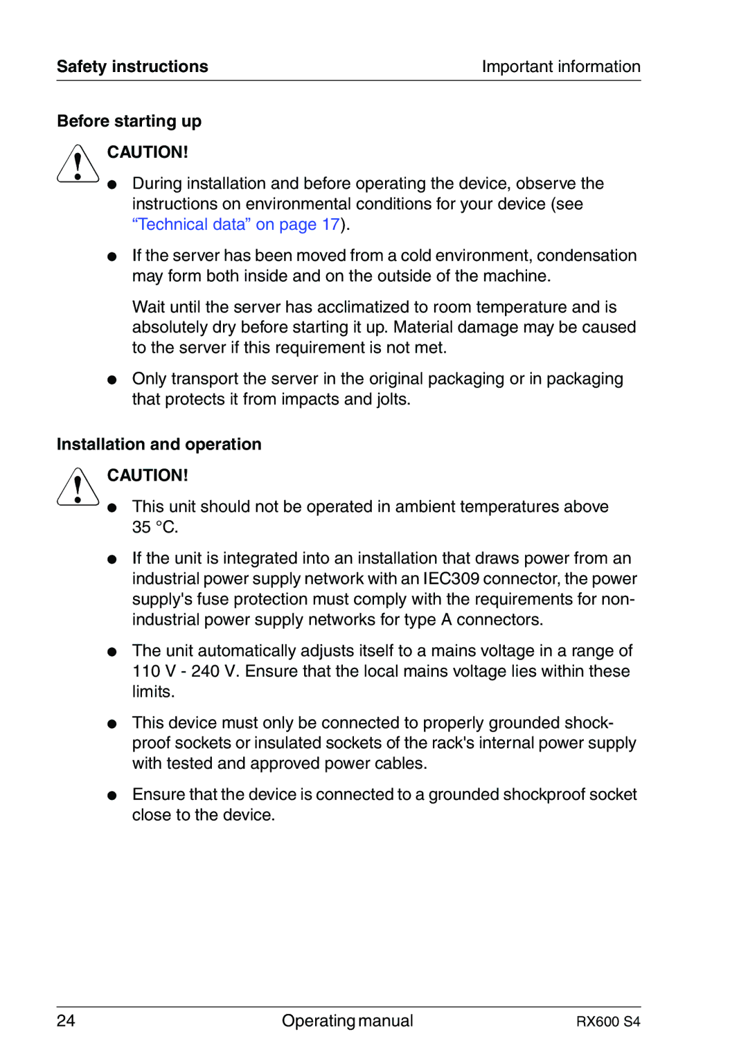 Fujitsu RX600 manual Safety instructions, Before starting up, Installation and operation 