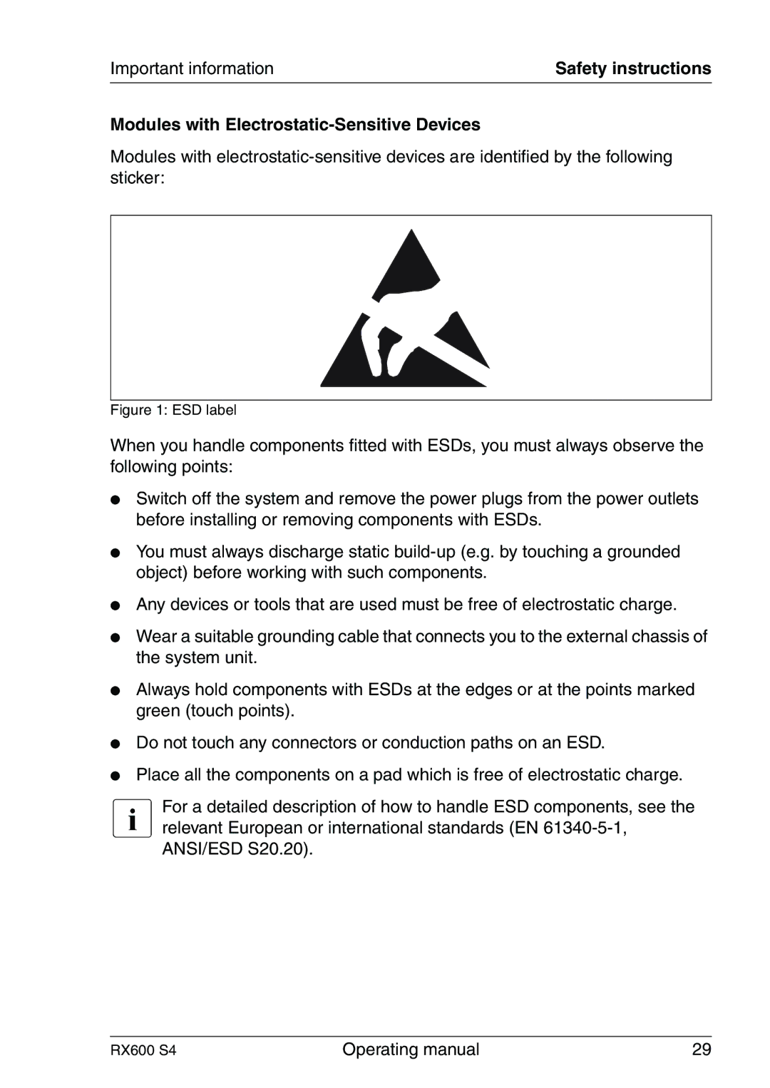 Fujitsu RX600 manual Modules with Electrostatic-Sensitive Devices, ESD label 