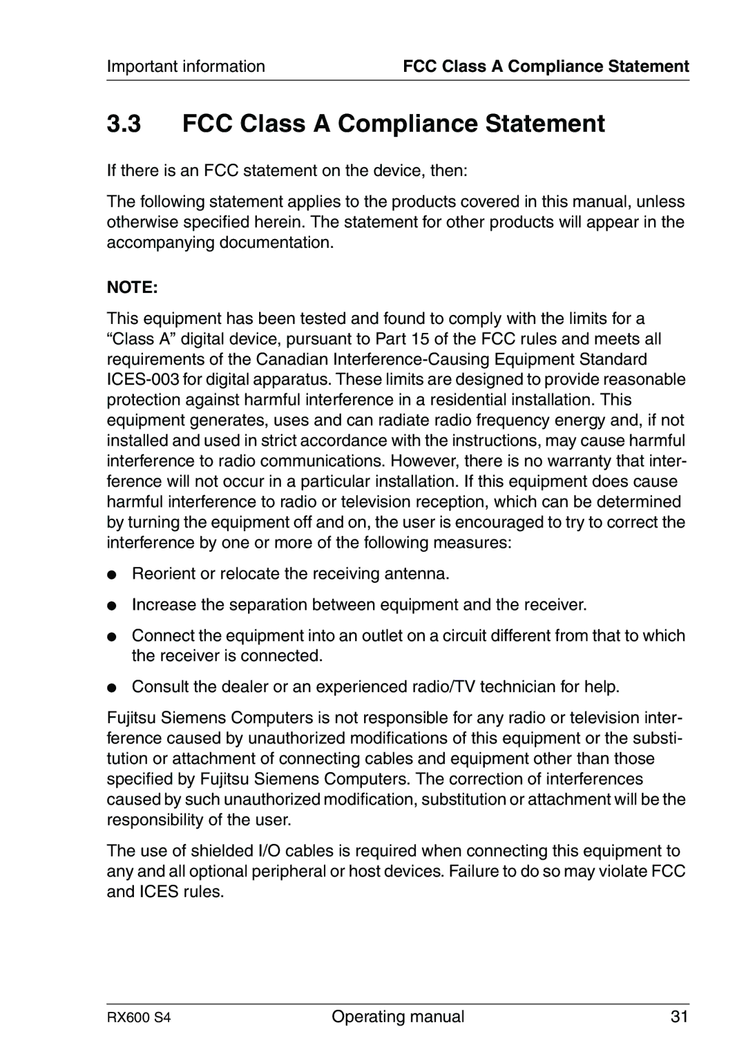 Fujitsu RX600 manual FCC Class a Compliance Statement 