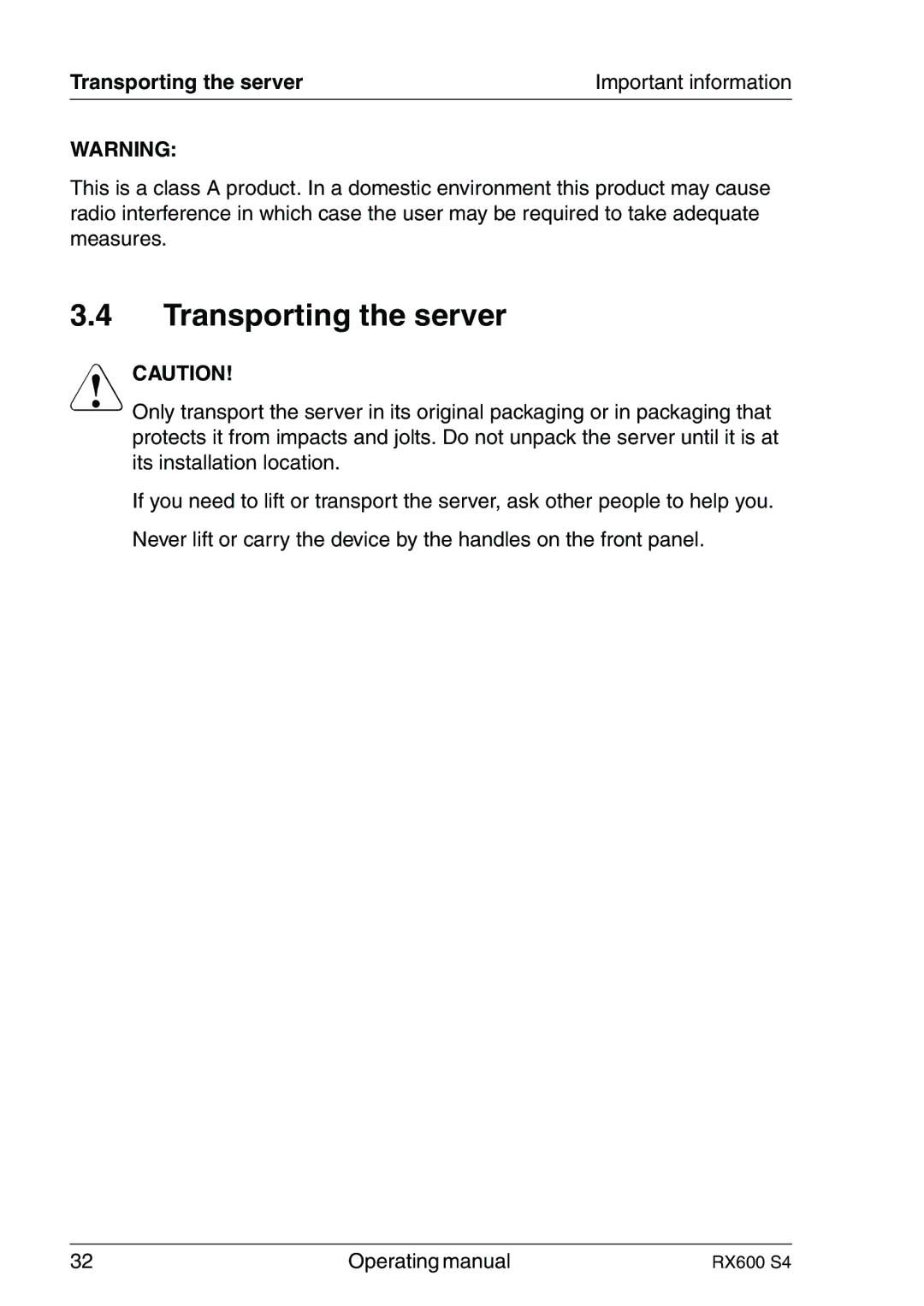 Fujitsu RX600 manual Transporting the server 