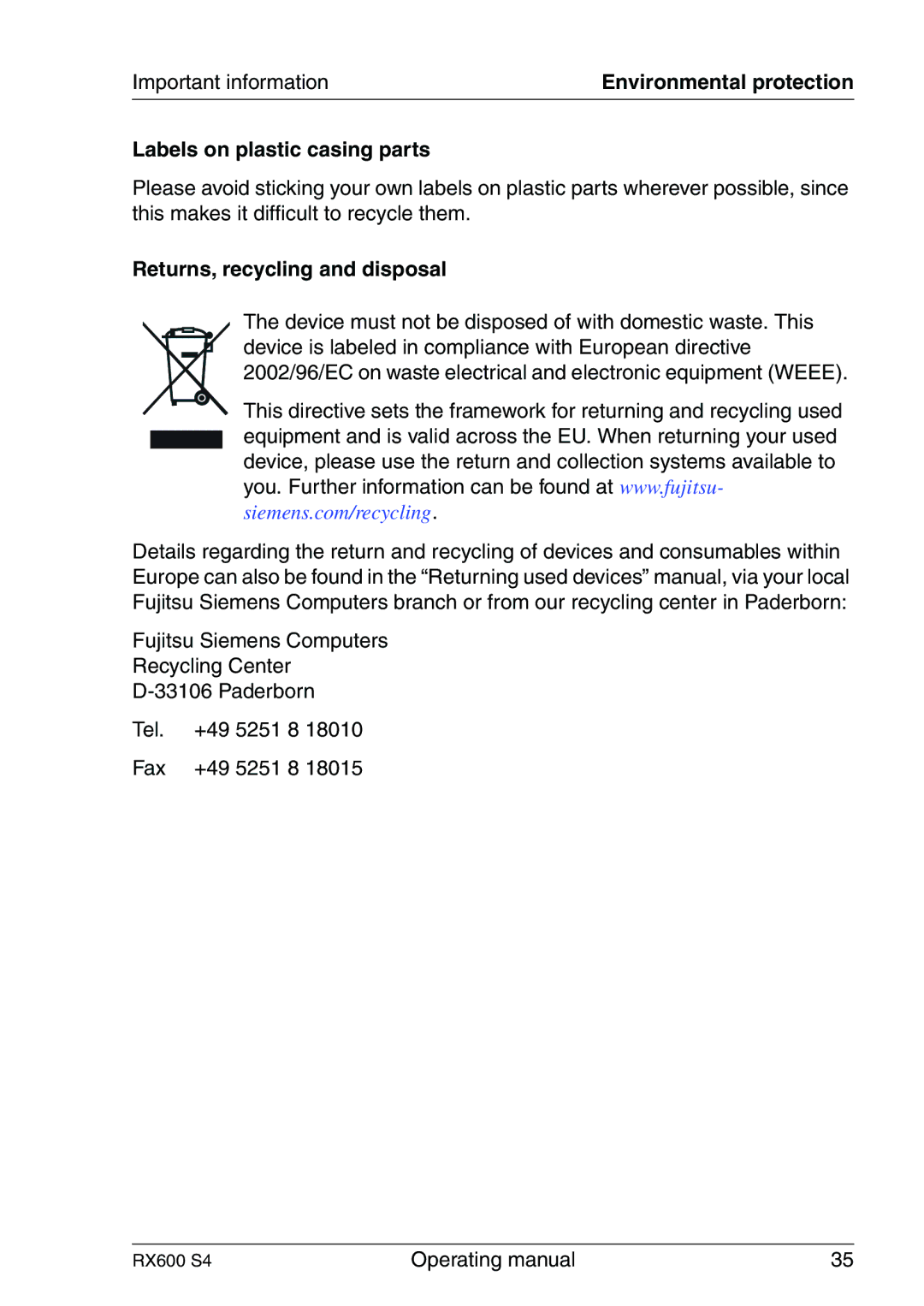 Fujitsu RX600 manual Labels on plastic casing parts, Returns, recycling and disposal 