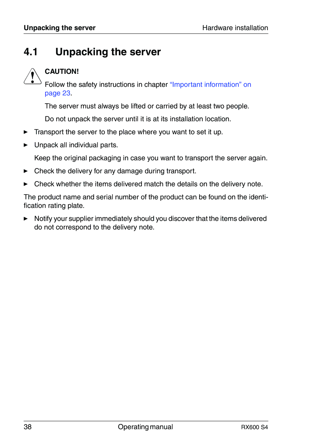 Fujitsu RX600 manual Unpacking the server 