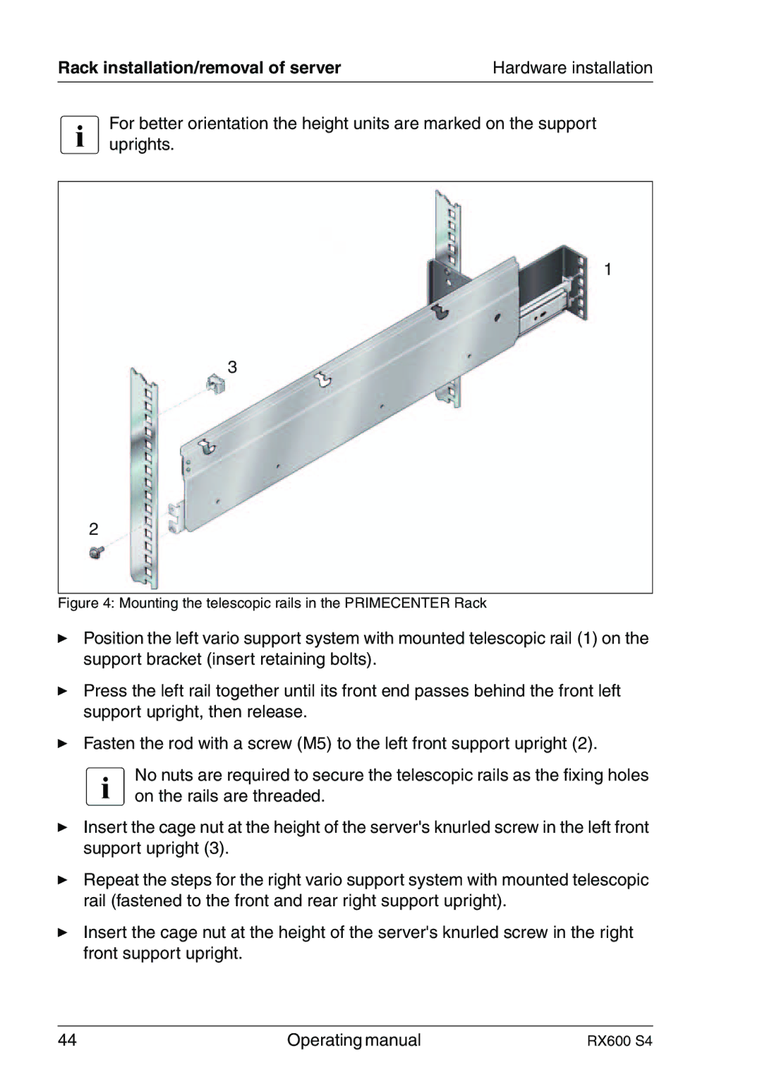 Fujitsu RX600 manual Mounting the telescopic rails in the Primecenter Rack 