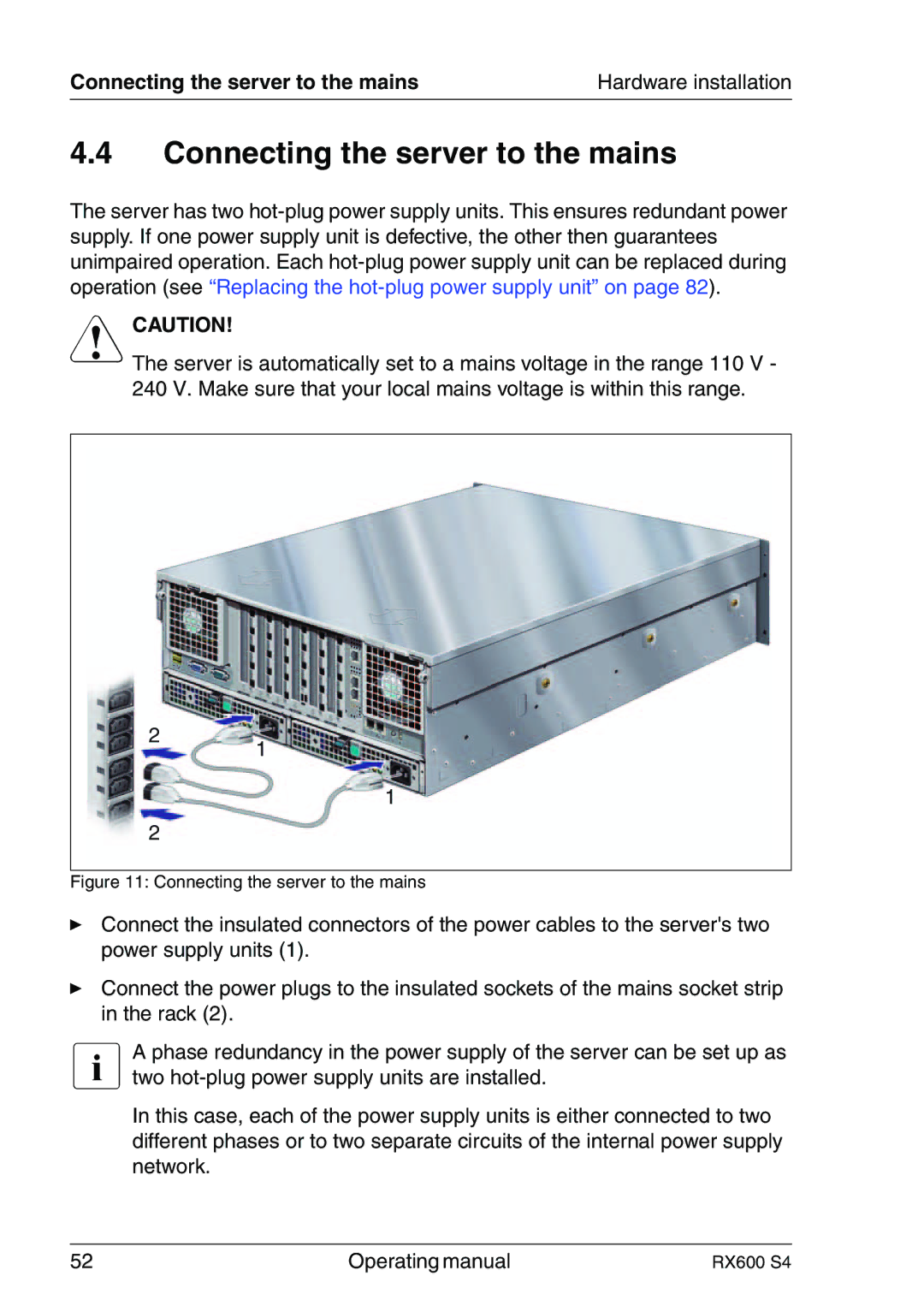 Fujitsu RX600 manual Connecting the server to the mains 