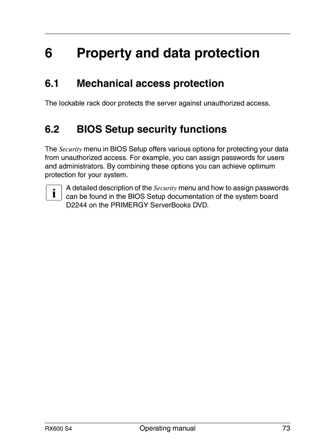 Fujitsu RX600 manual Property and data protection, Mechanical access protection, Bios Setup security functions 