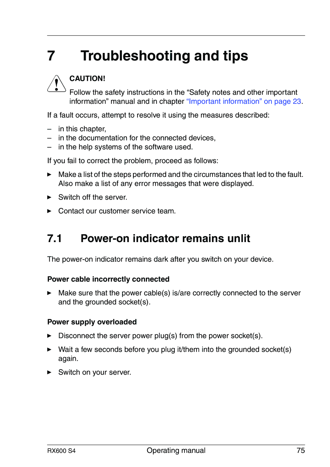 Fujitsu RX600 manual Troubleshooting and tips, Power-on indicator remains unlit, Power cable incorrectly connected 