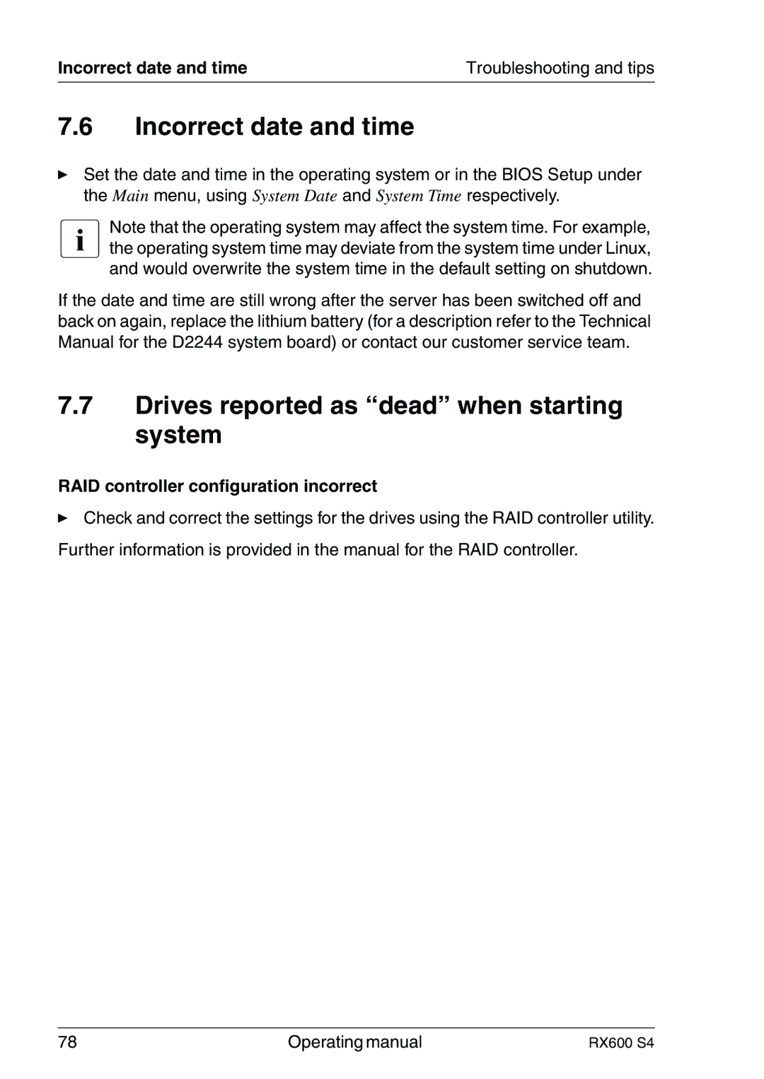 Fujitsu RX600 manual Incorrect date and time, Drives reported as dead when starting system 