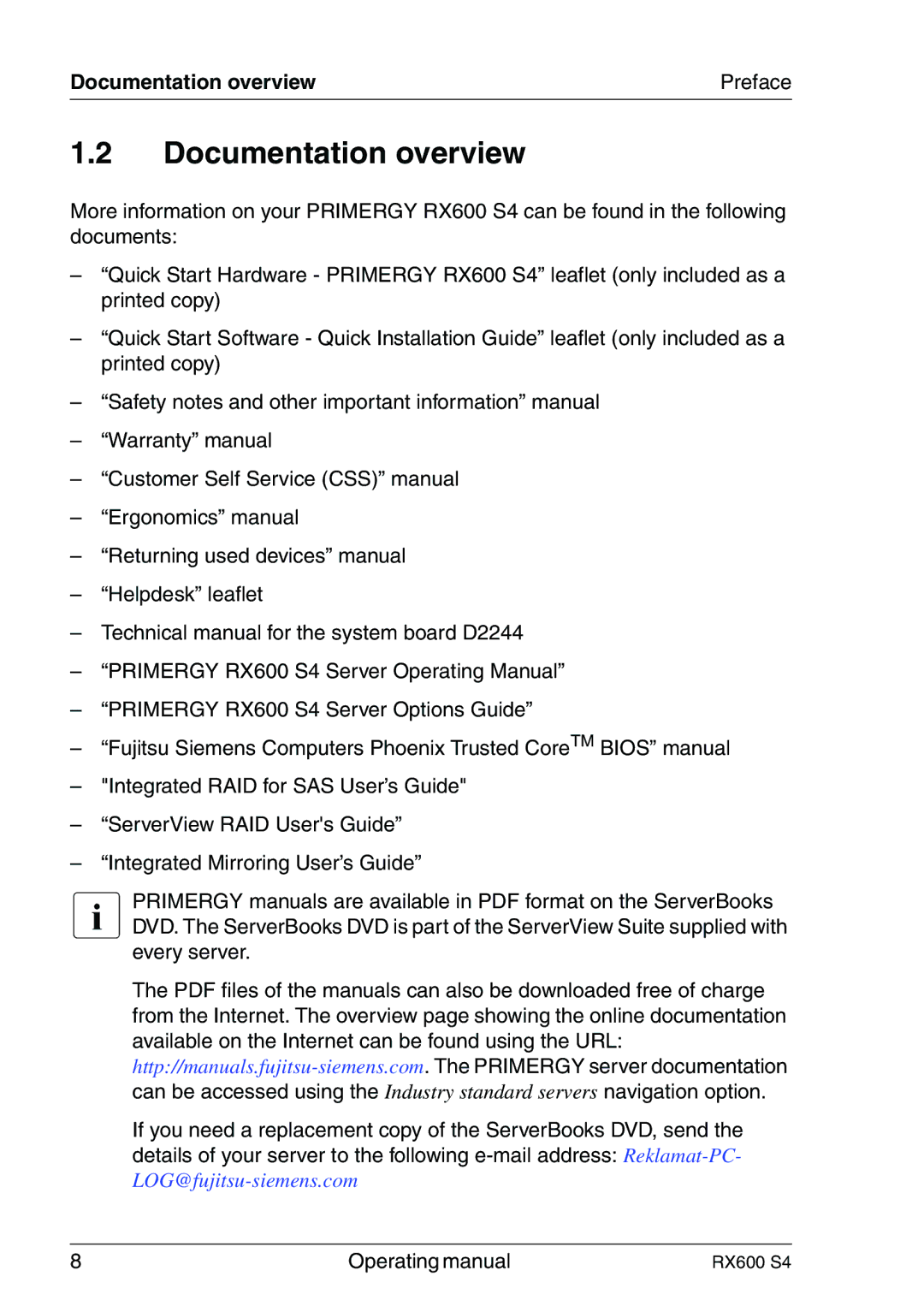 Fujitsu RX600 manual Documentation overview Preface 