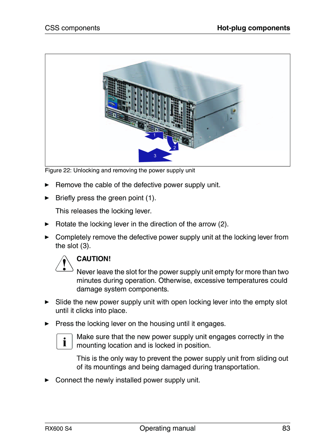 Fujitsu RX600 manual CSS components, Unlocking and removing the power supply unit 