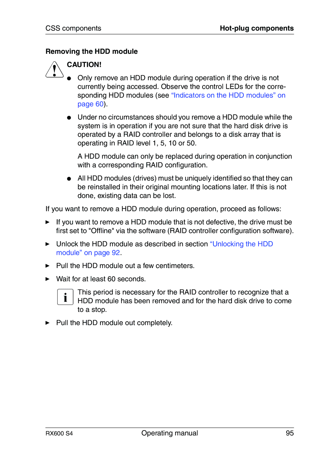 Fujitsu RX600 manual Removing the HDD module 