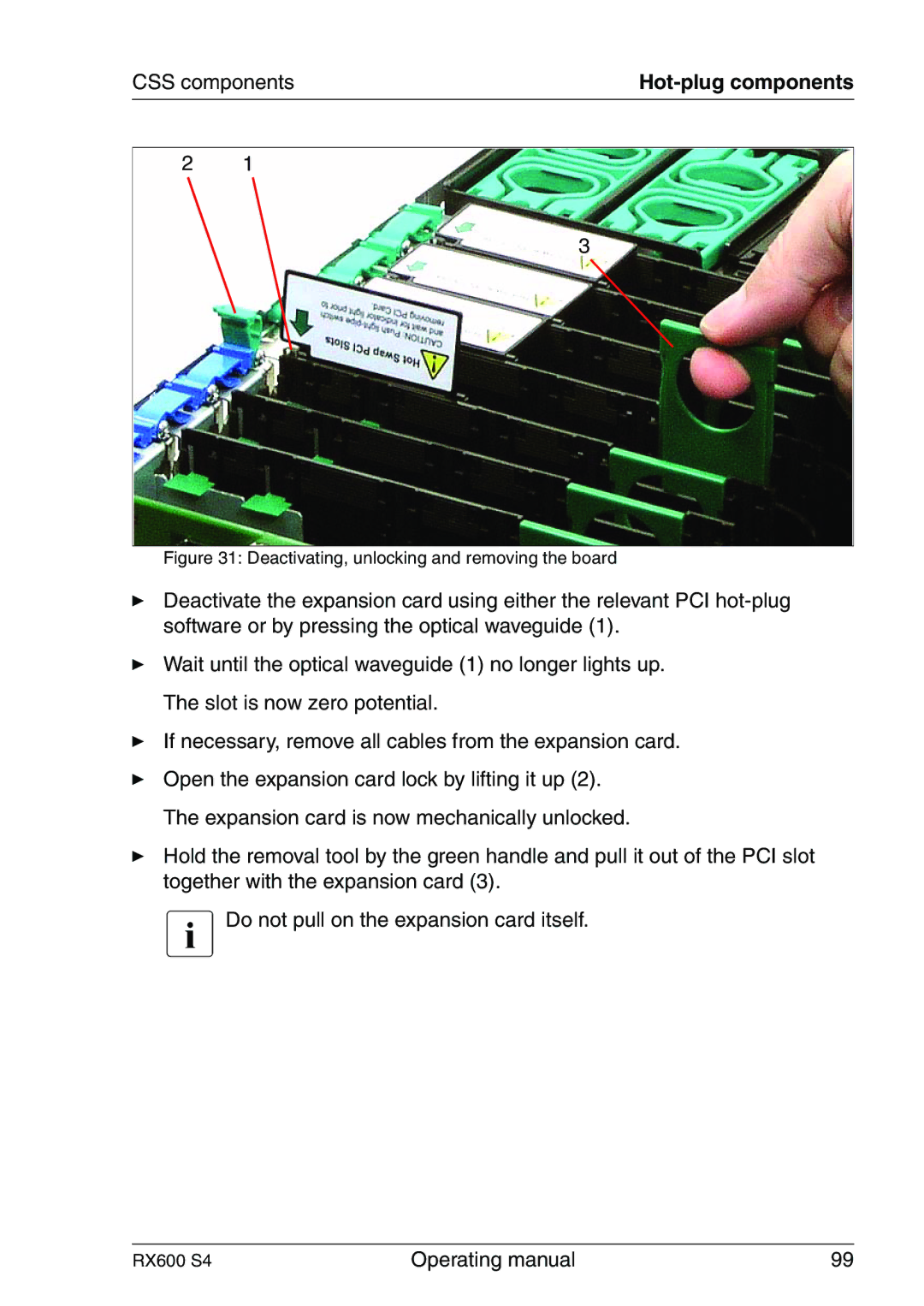 Fujitsu RX600 manual Deactivating, unlocking and removing the board 