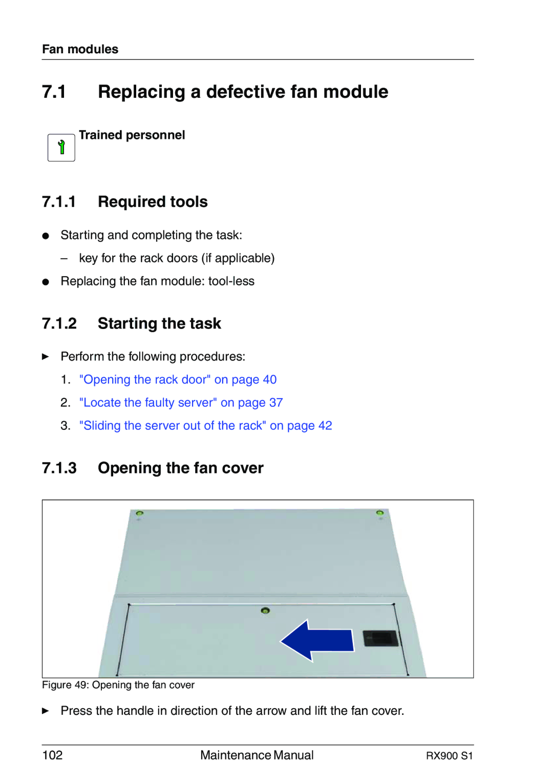 Fujitsu RX900 S1 manual Replacing a defective fan module, Opening the fan cover, Fan modules 