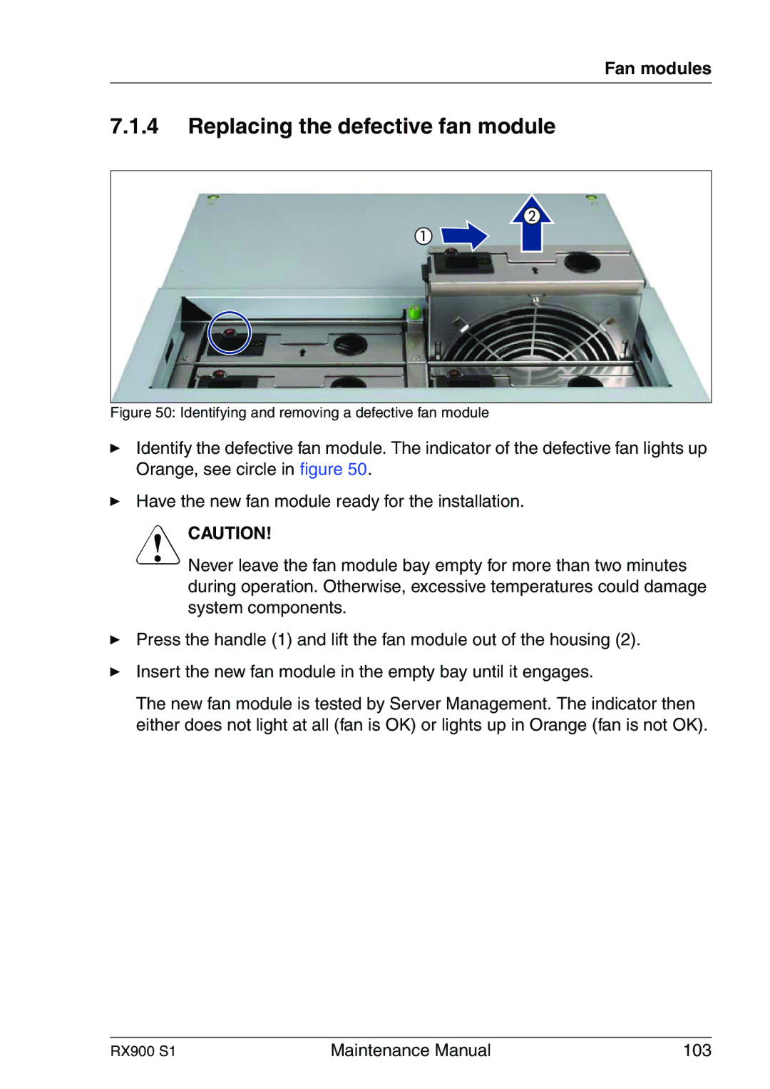 Fujitsu RX900 S1 manual Replacing the defective fan module, Vcaution 