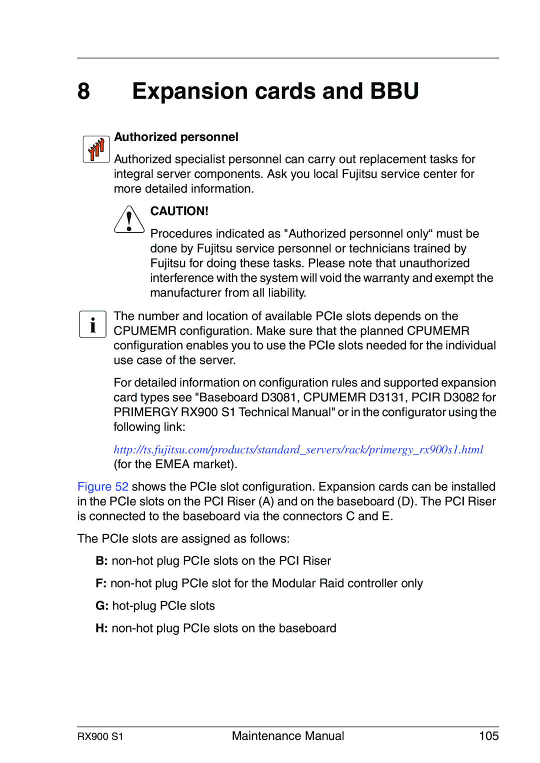 Fujitsu RX900 S1 manual Expansion cards and BBU 
