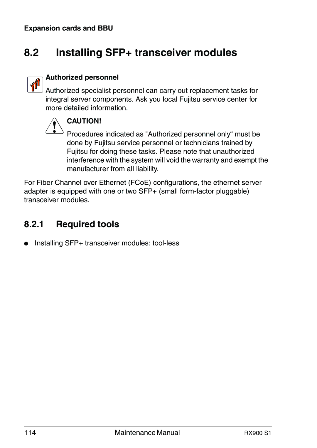 Fujitsu RX900 S1 manual Installing SFP+ transceiver modules, Authorized personnel 