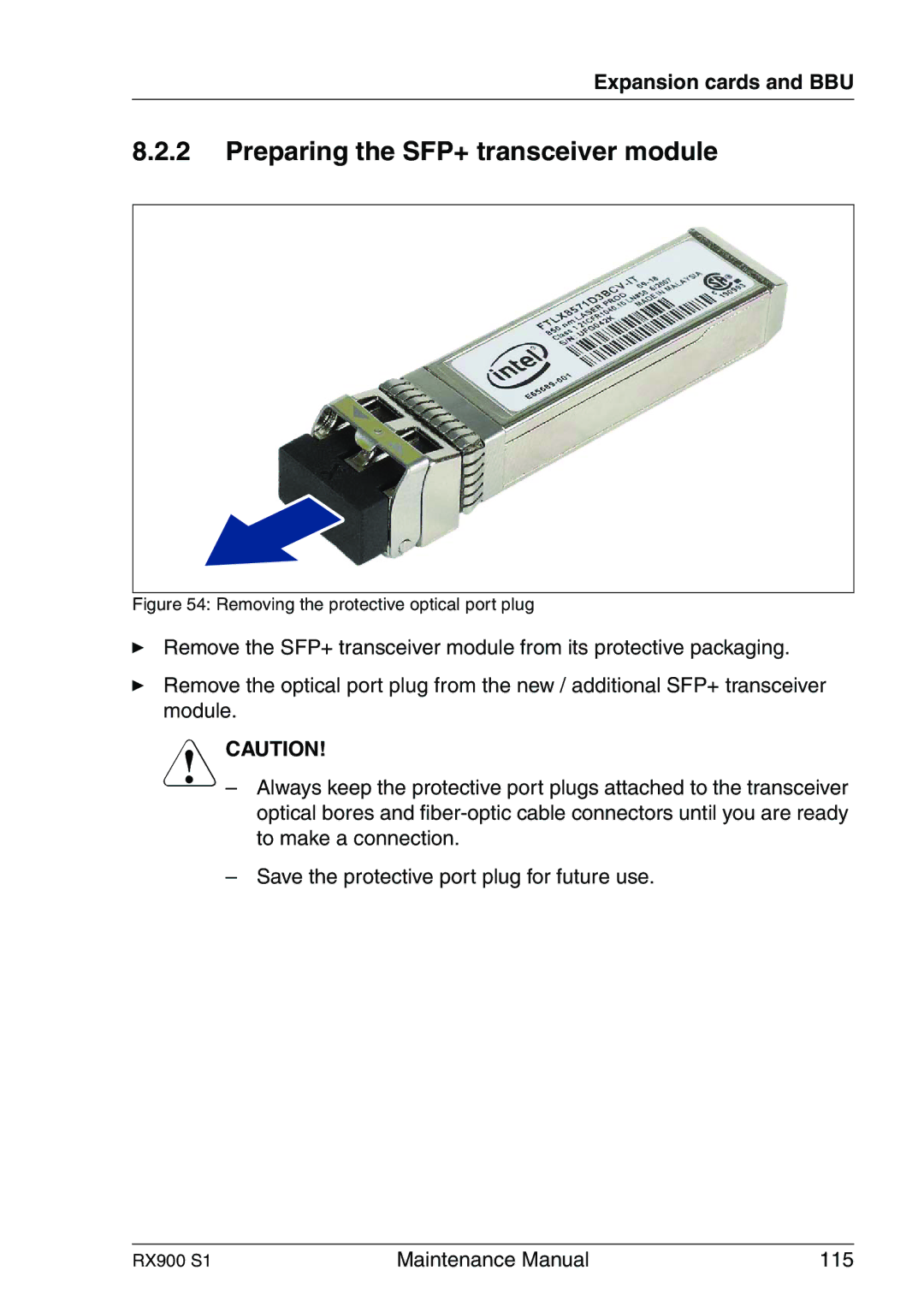 Fujitsu RX900 S1 manual Preparing the SFP+ transceiver module, Removing the protective optical port plug 