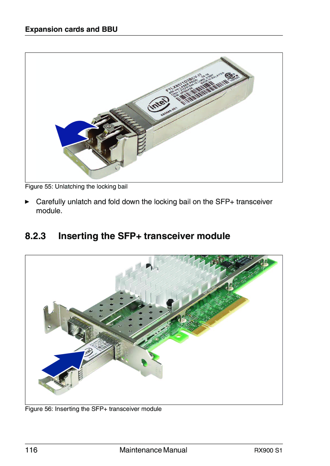 Fujitsu RX900 S1 manual Inserting the SFP+ transceiver module, Unlatching the locking bail 