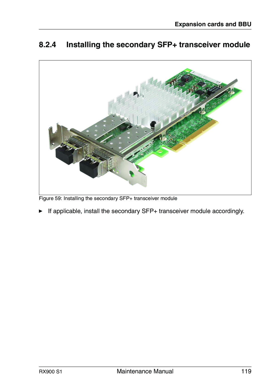 Fujitsu RX900 S1 manual Installing the secondary SFP+ transceiver module 