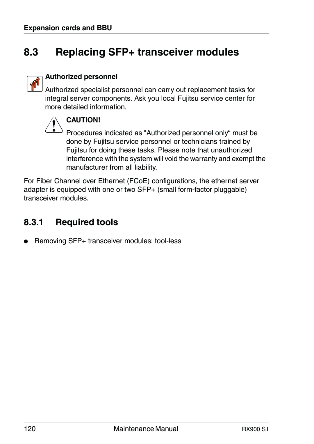 Fujitsu RX900 S1 manual Replacing SFP+ transceiver modules, Authorized personnel 