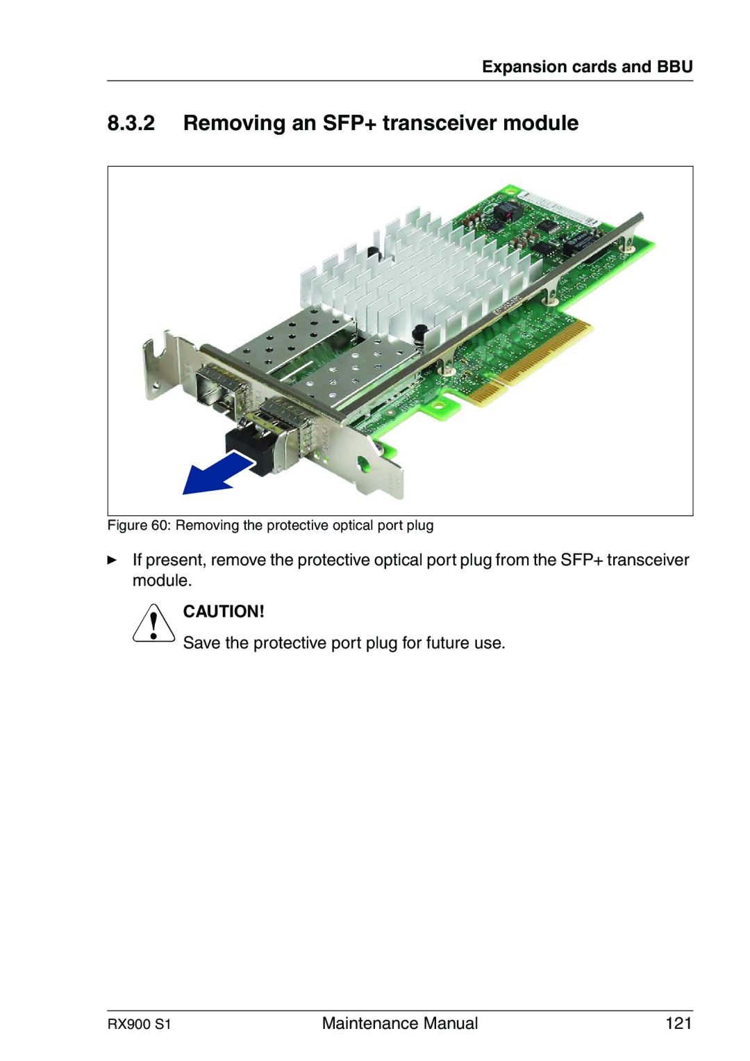 Fujitsu RX900 S1 manual Removing an SFP+ transceiver module, Removing the protective optical port plug 