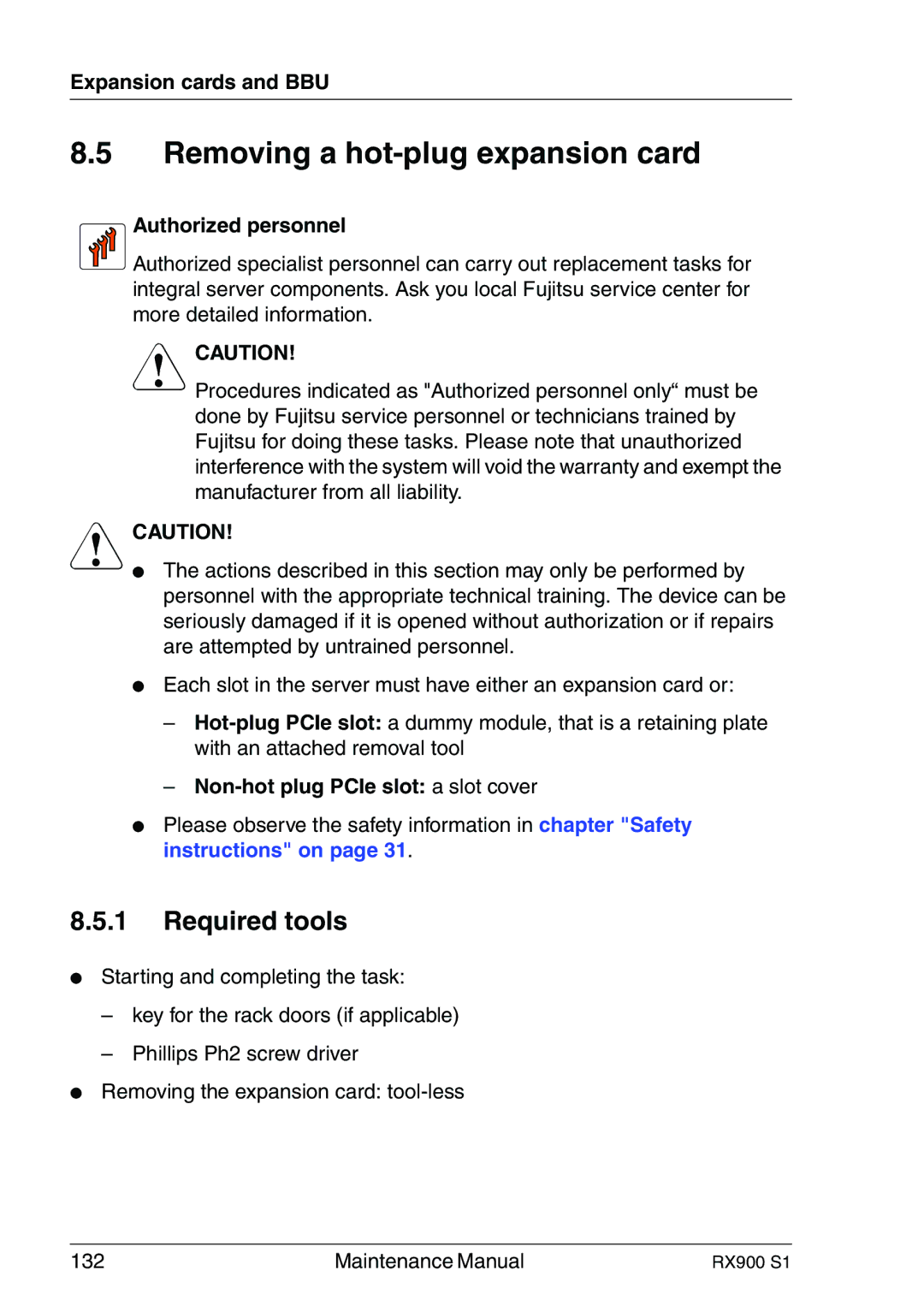 Fujitsu RX900 S1 manual Removing a hot-plug expansion card, Authorized personnel 