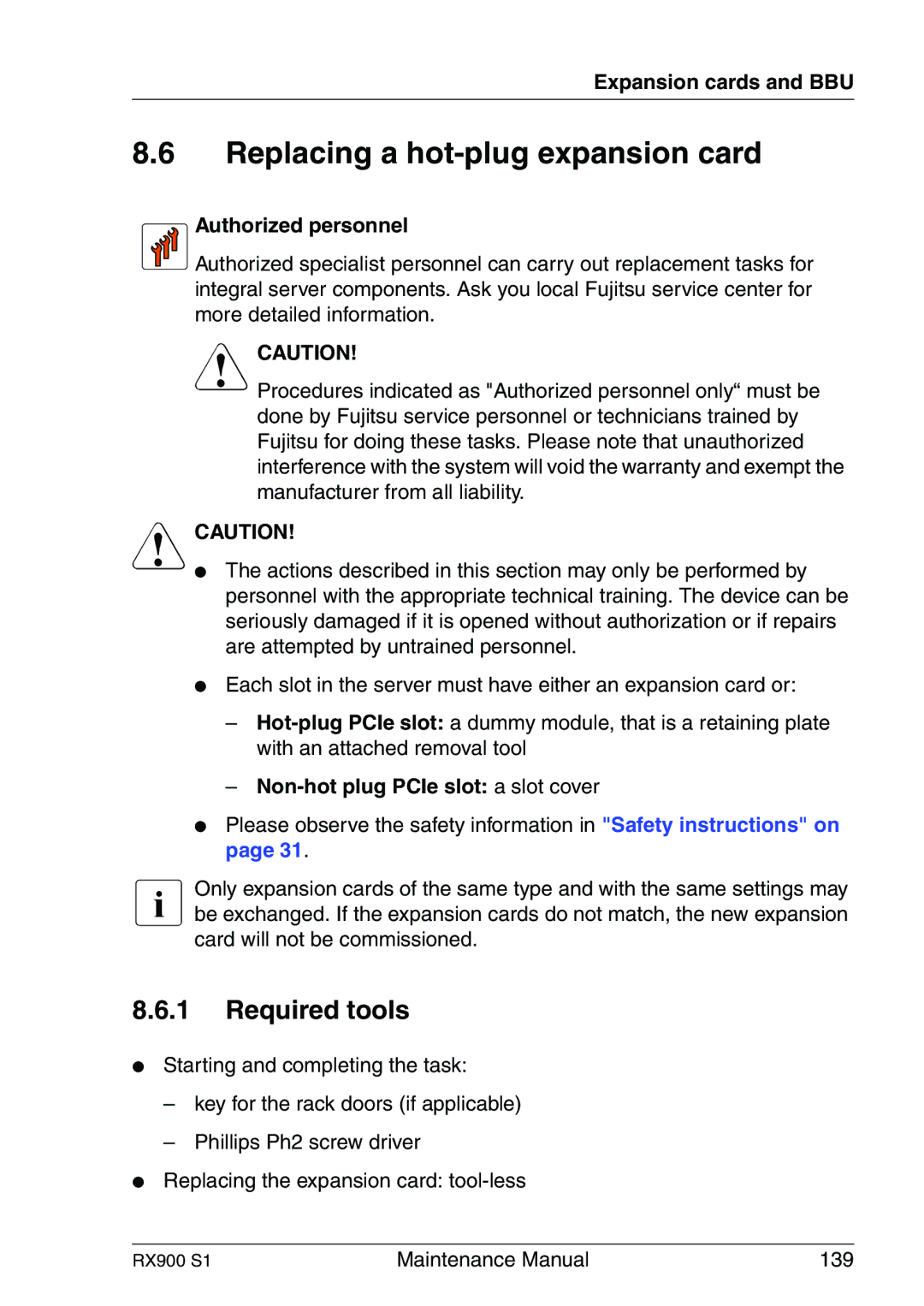 Fujitsu RX900 S1 manual Replacing a hot-plug expansion card, Authorized personnel 