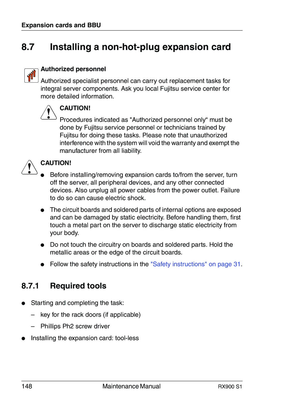 Fujitsu RX900 S1 manual Installing a non-hot-plug expansion card, Authorized personnel 